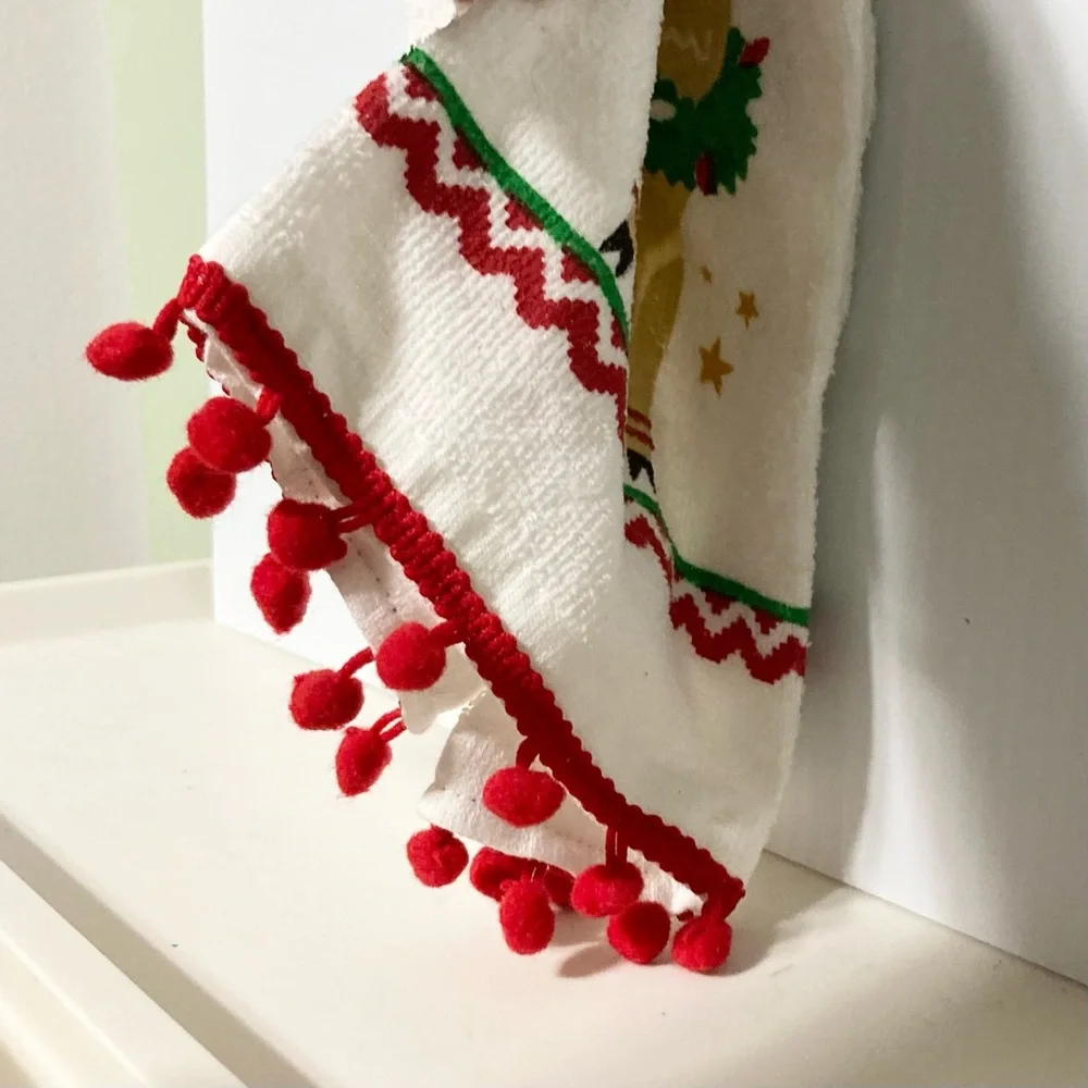 Christmas Fa la la LLAMA Red Pom Poms Kitchen Dishtowel 14 x 24 inches